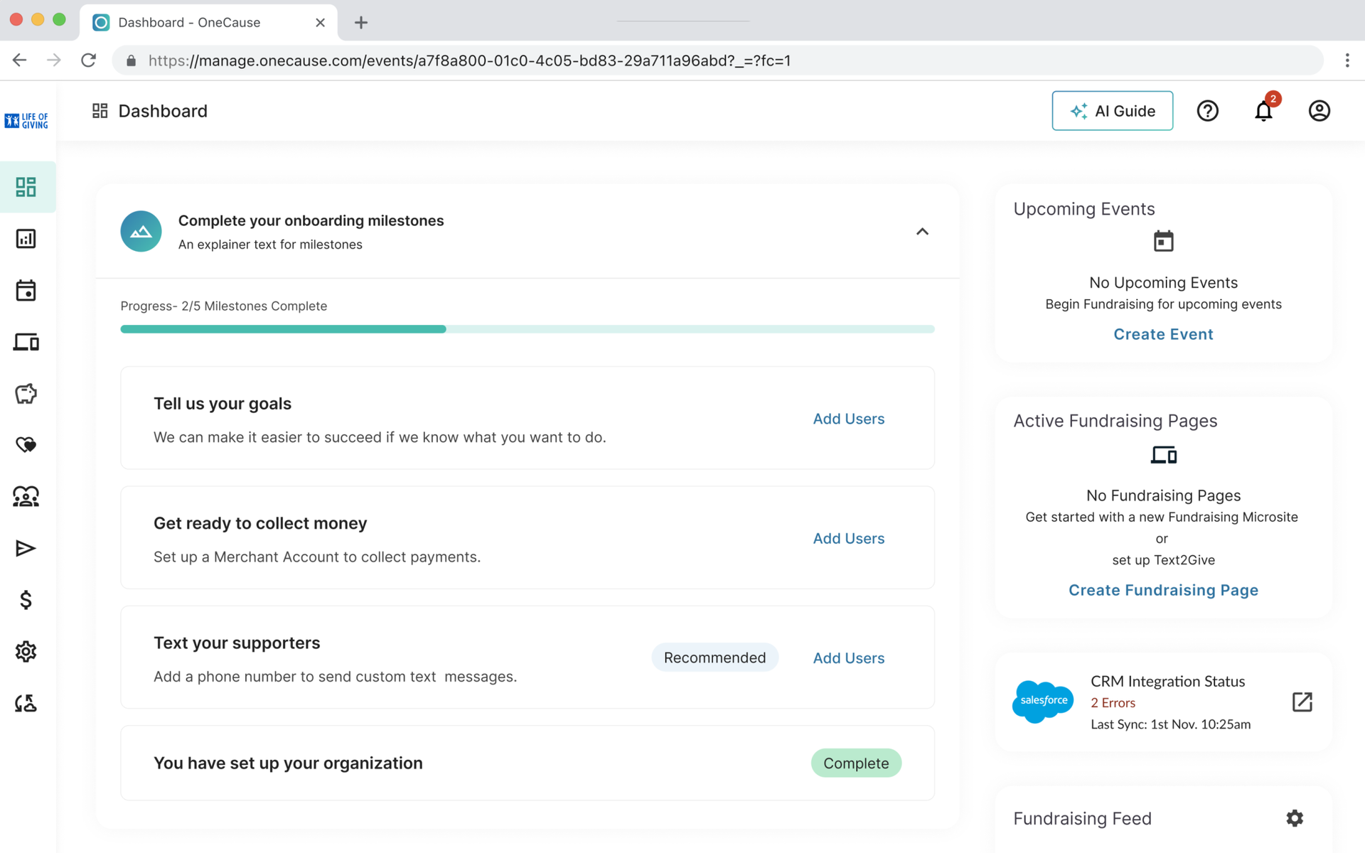 The OneCause onboarding dashboard on a light laptop: a checklist of five milestones beside upcoming events, fundraising pages and the CRM integration status