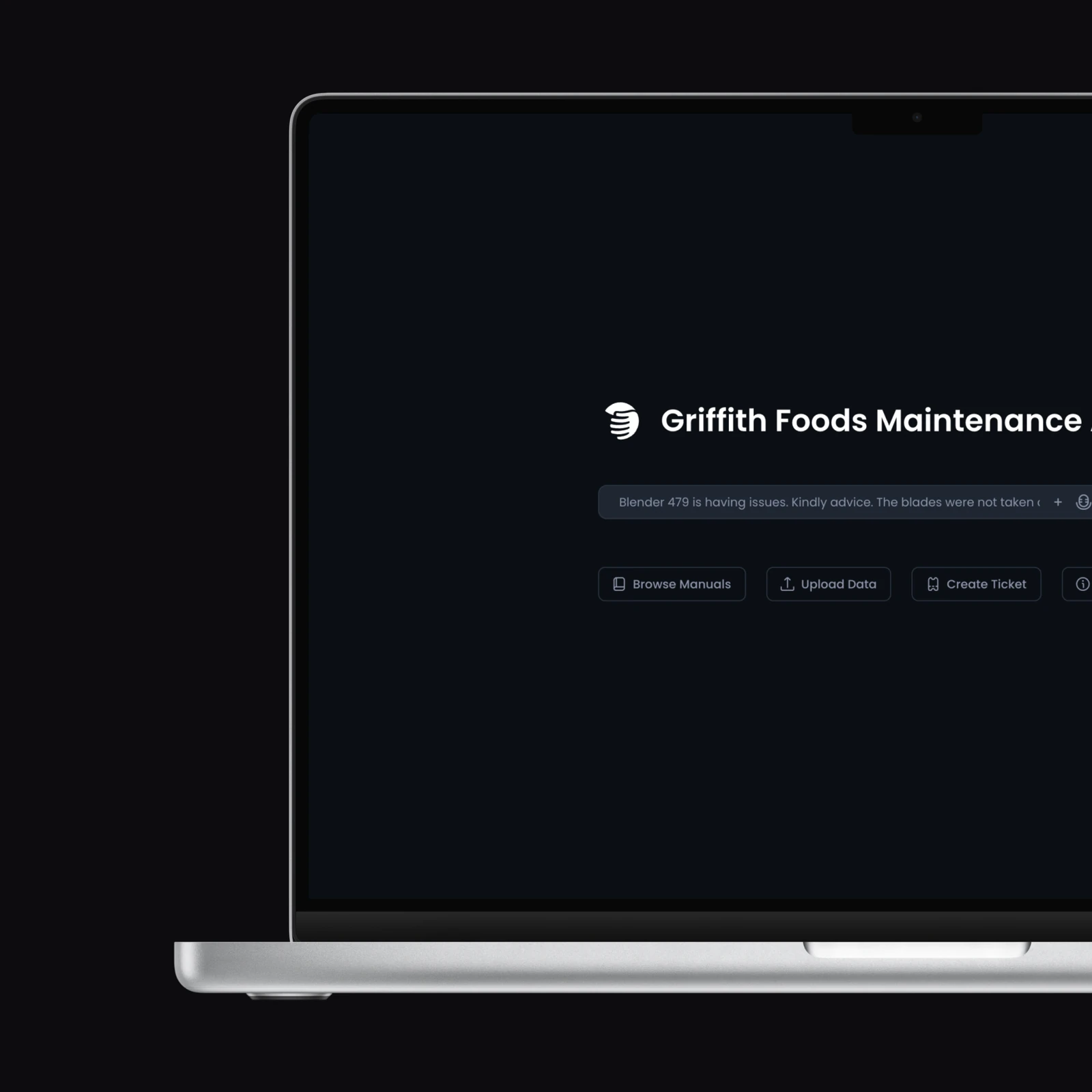 A laptop showing the Griffith Foods Maintenance Assistant home screen with a search bar and quick actions