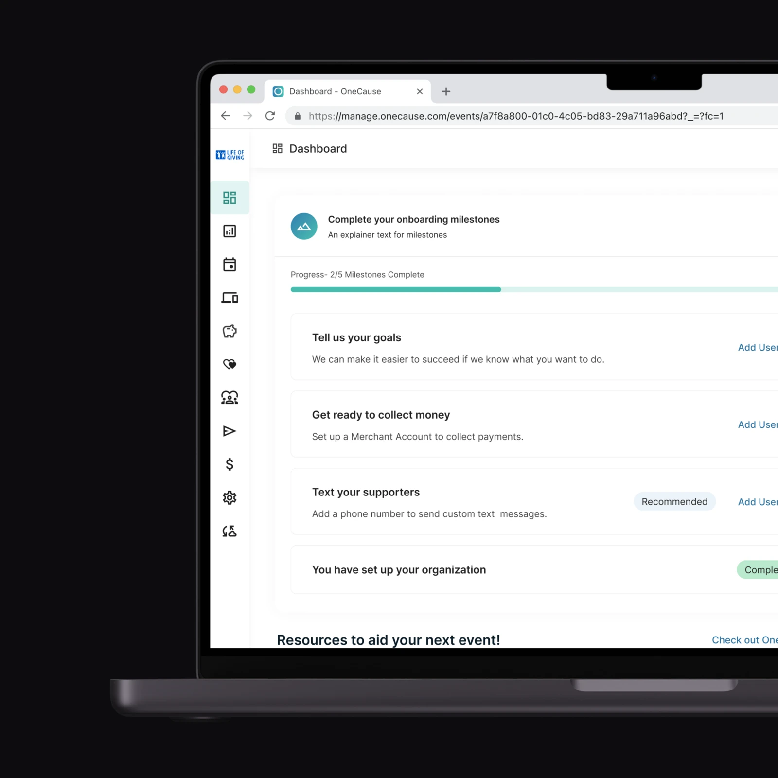 A laptop showing the OneCause onboarding dashboard with its milestone list