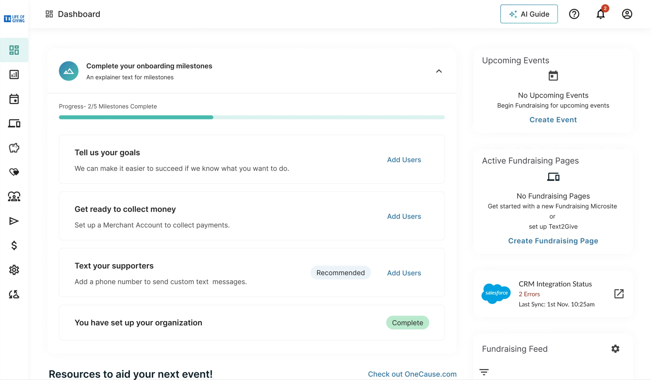 After: the final dashboard, a checklist of onboarding milestones beside upcoming events and a CRM sync panel