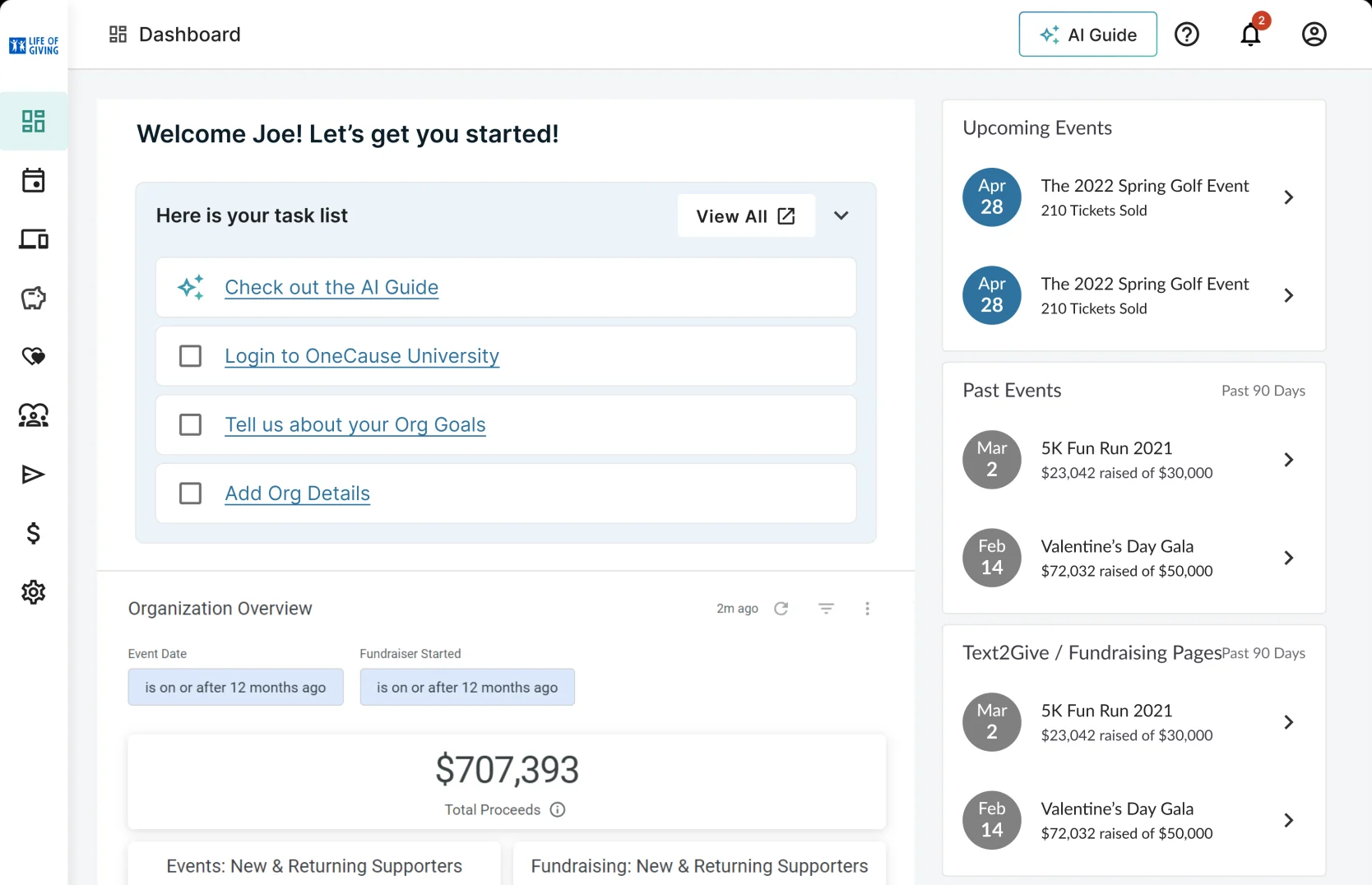 Version 1: a simple task list at the top with analytics pushed below