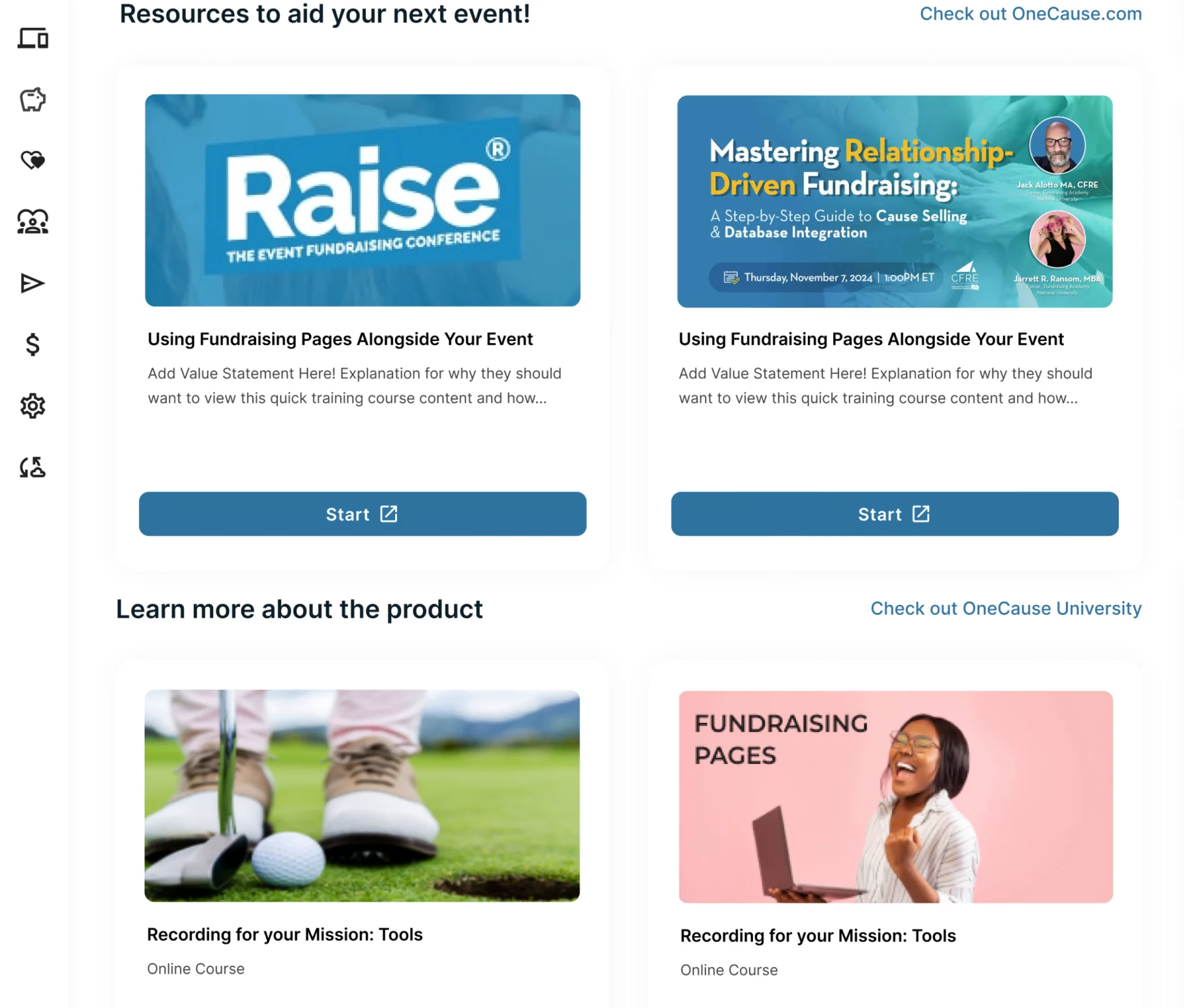 The resources section: cards linking to OneCause training, guides and tools