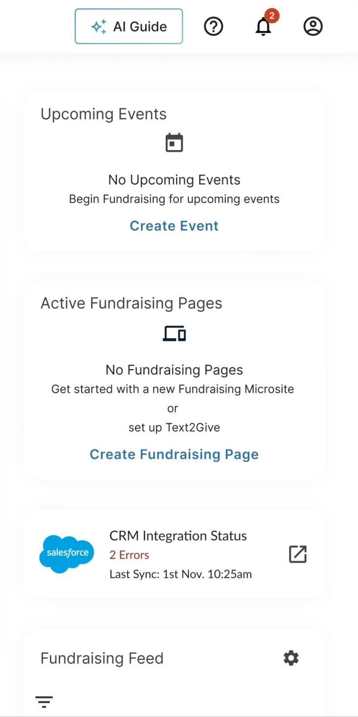 The dashboard sidebar: upcoming events, active fundraising pages, CRM sync status and a fundraising feed