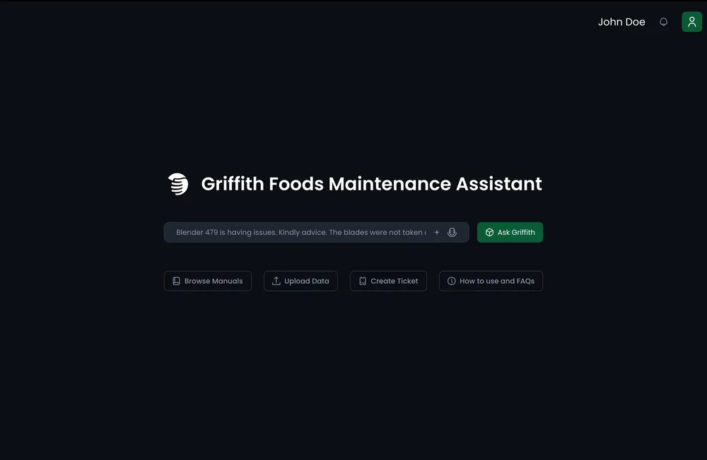 Griffith Foods Maintenance Assistant prototype: a search bar with shortcuts on a dark screen