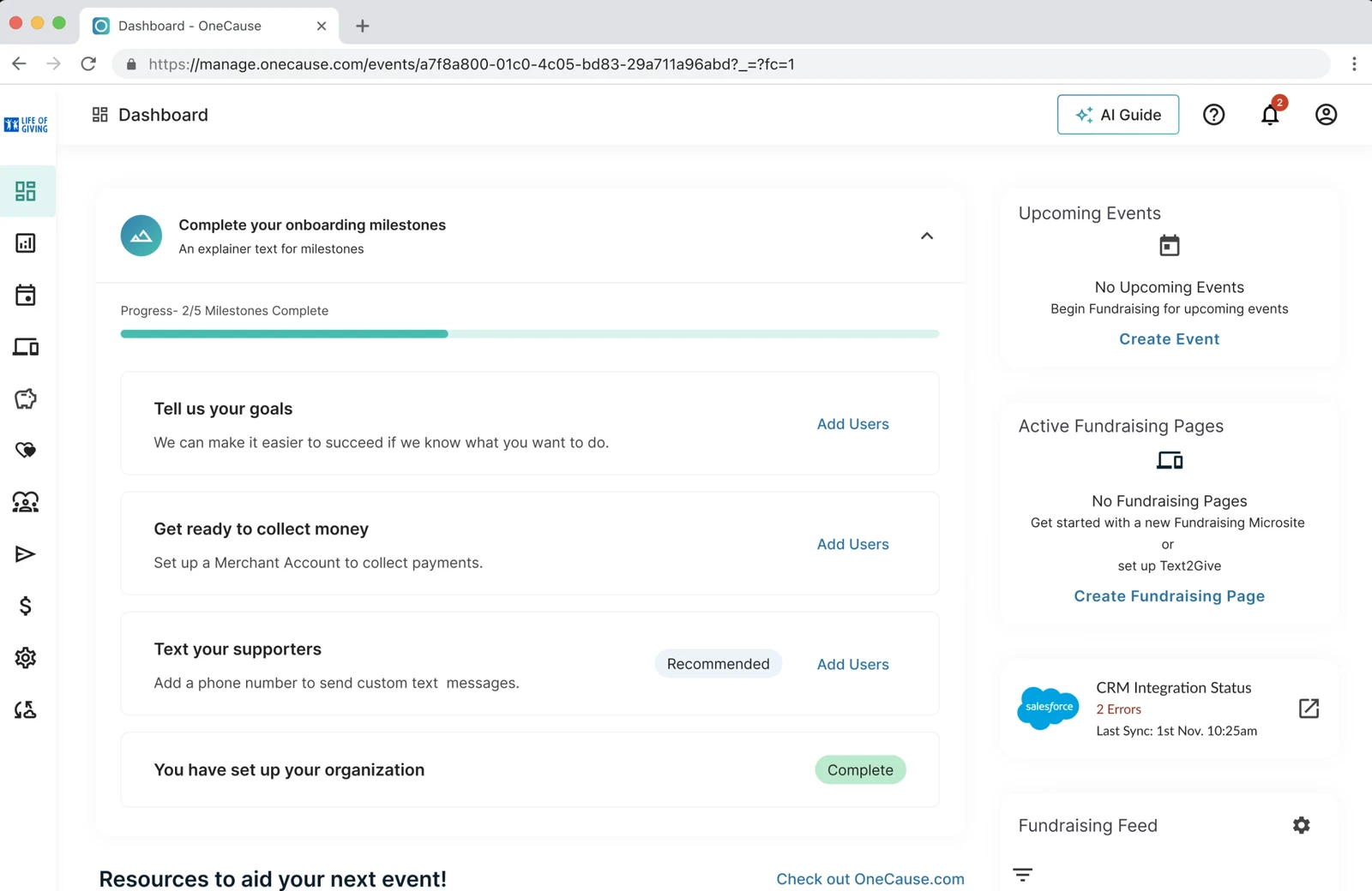 OneCause onboarding dashboard in a browser: a milestone checklist with two of five milestones complete, beside upcoming events and fundraising pages