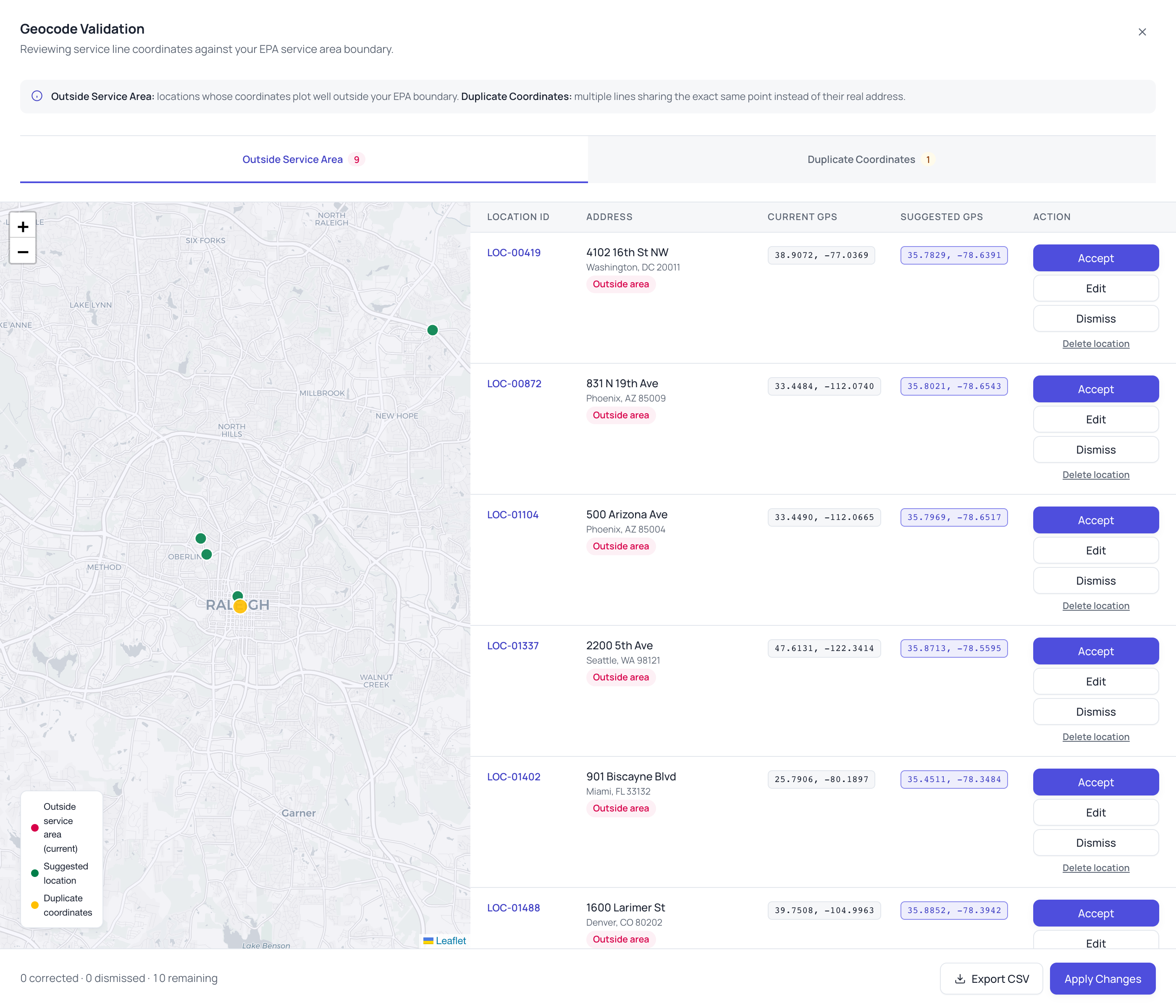 Geocode Validation split map and list view, showing locations whose current GPS coordinates plot in Washington DC, Phoenix, Seattle, Miami, and Denver, far outside the utility's actual service area boundary