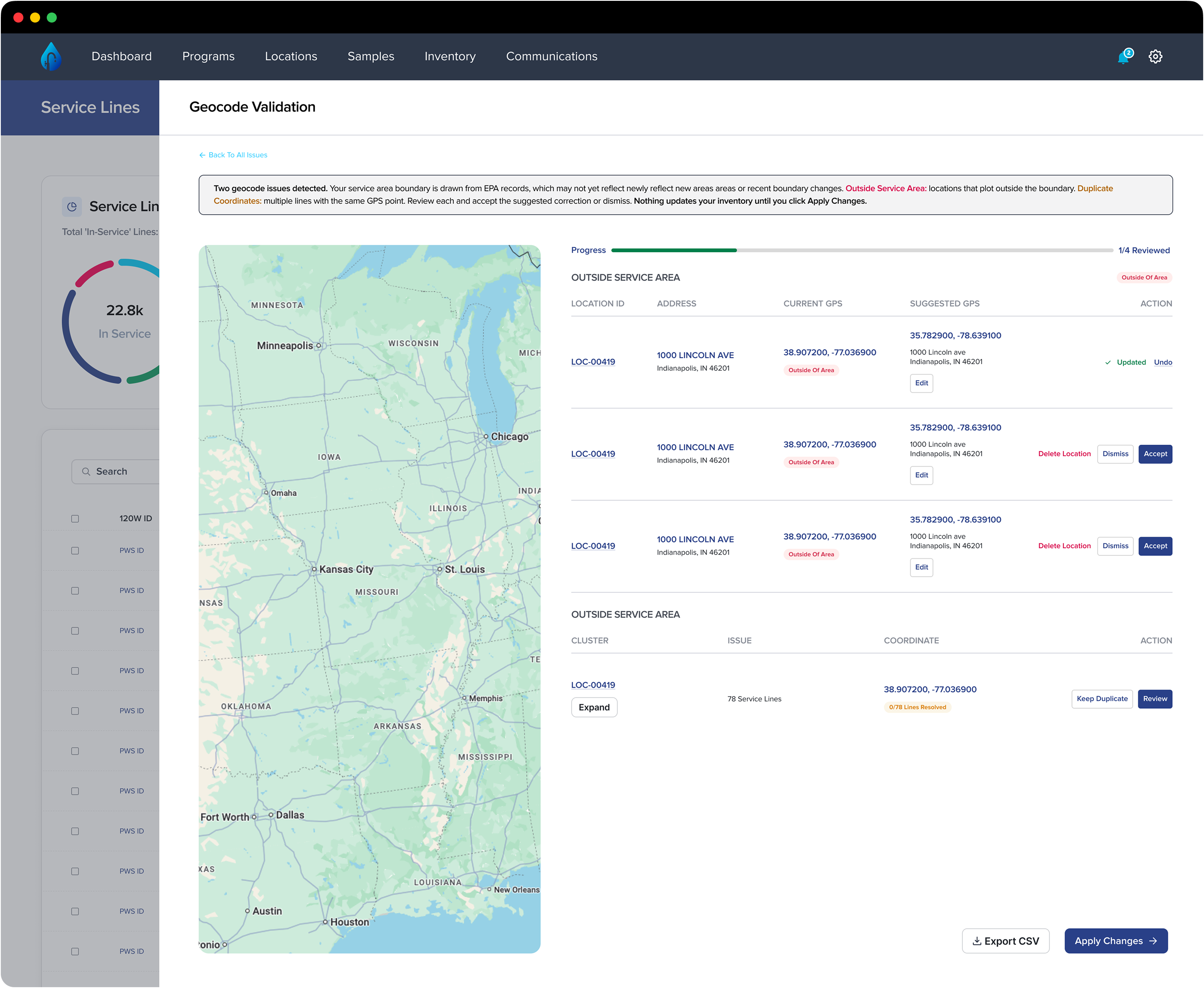 Geocode Validation split view with a map on the left and a list of locations plotting outside the service area boundary on the right