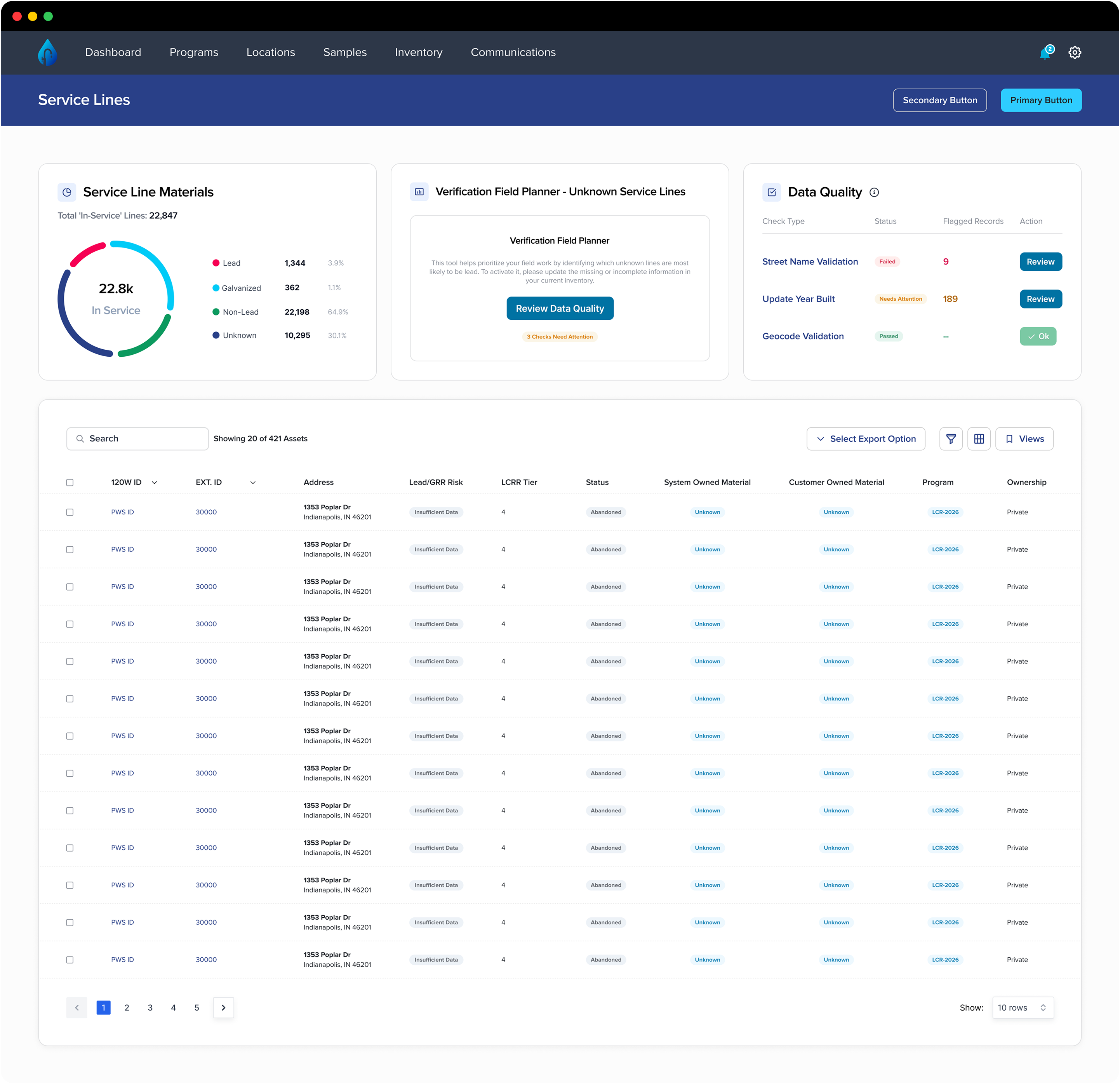 Inventory dashboard in the locked state, prompting the utility to review data quality before the Verification Planner unlocks