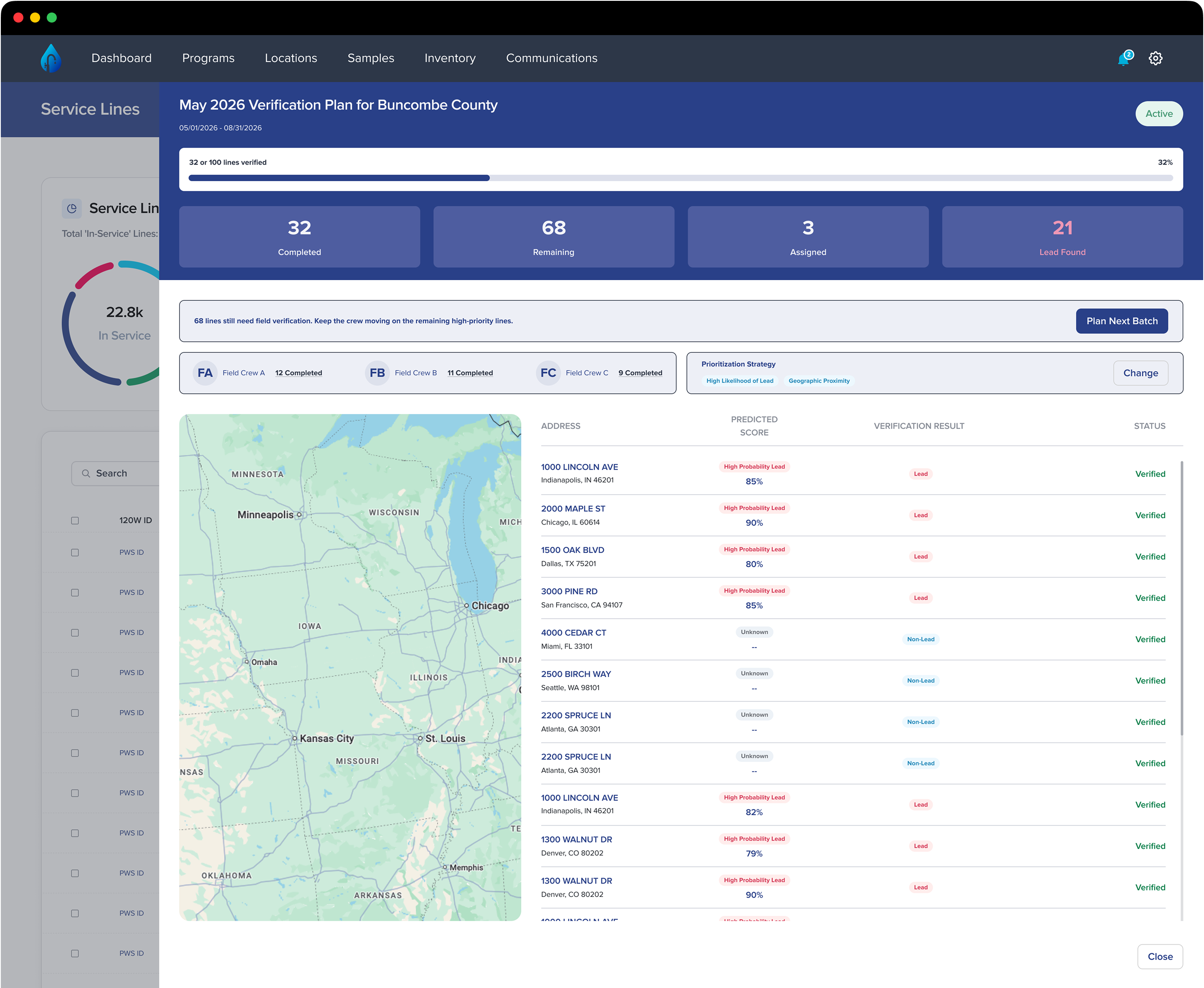 Active Verification Program view with completion progress, crew-by-crew breakdown, a Plan Next Batch action, an editable prioritization strategy, and a map alongside the line-by-line results table